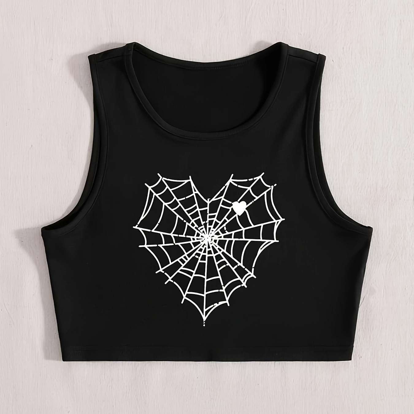 

Spider Web Print Crop Tank Top, Casual Crew Neck Sleeveless Summer Top, Women's Clothing