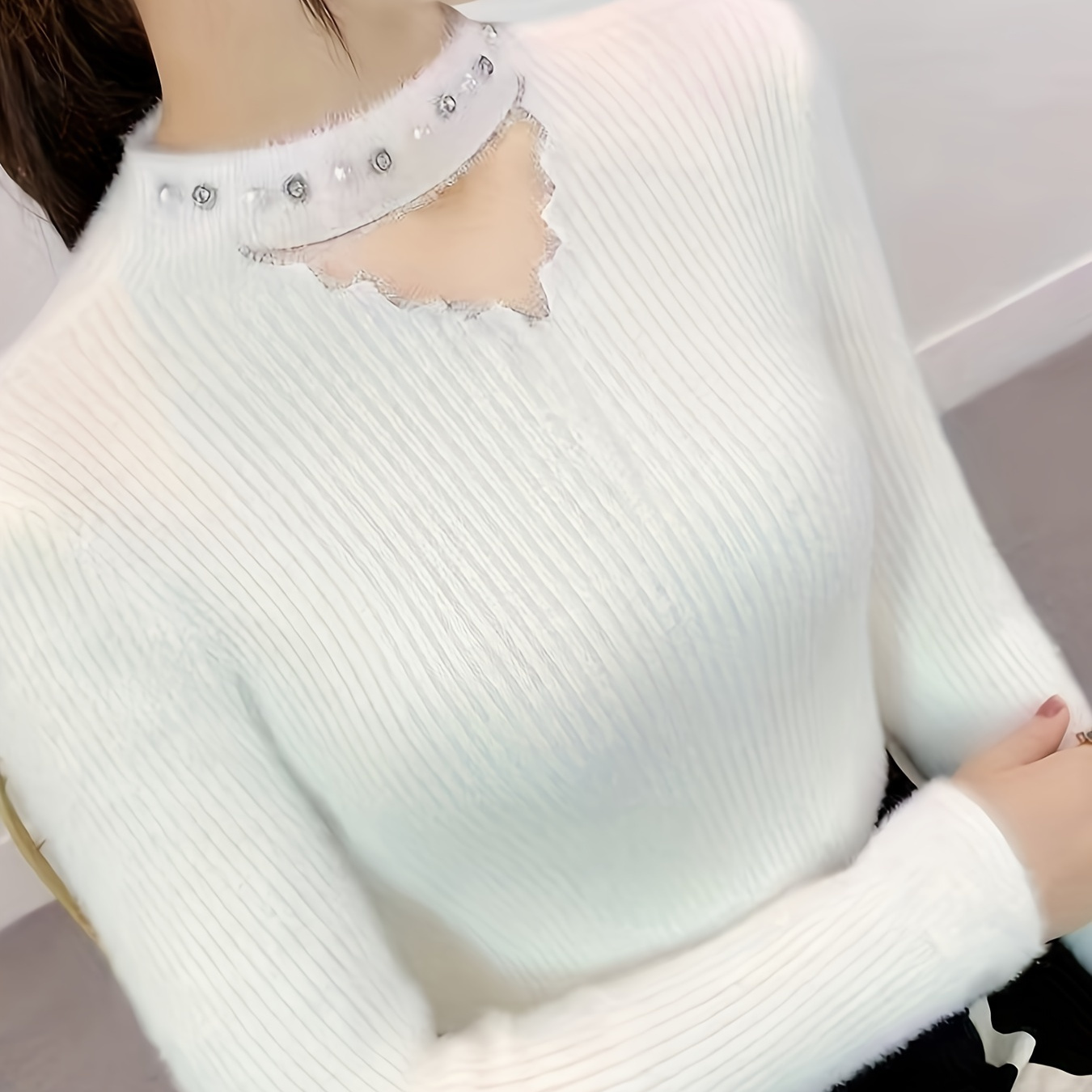 

Elegant Pearl Embellished Crew Neck Pullover For Women, 100% Polyester Solid Color Knit Sweater, Long Sleeve Top For Fall/winter