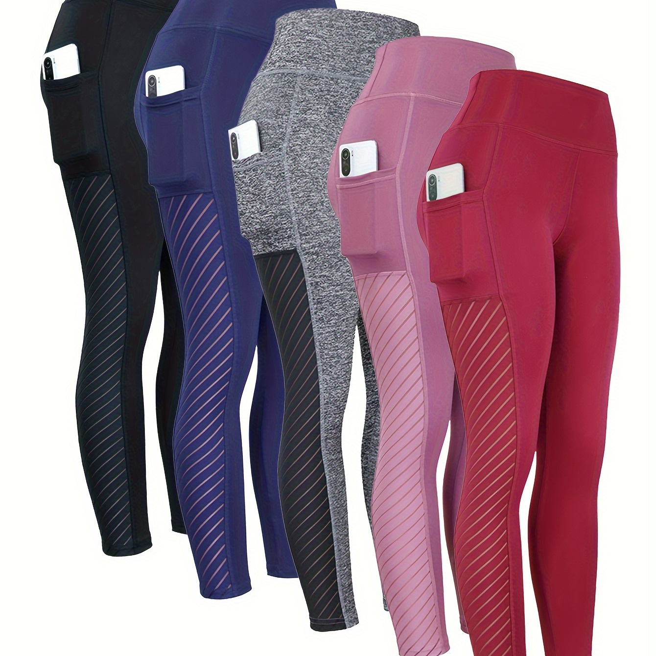 

5pcs Yoga Pants With Pocket, Solid Color Stretch Fitness Sports Leggings, Women's Activewear
