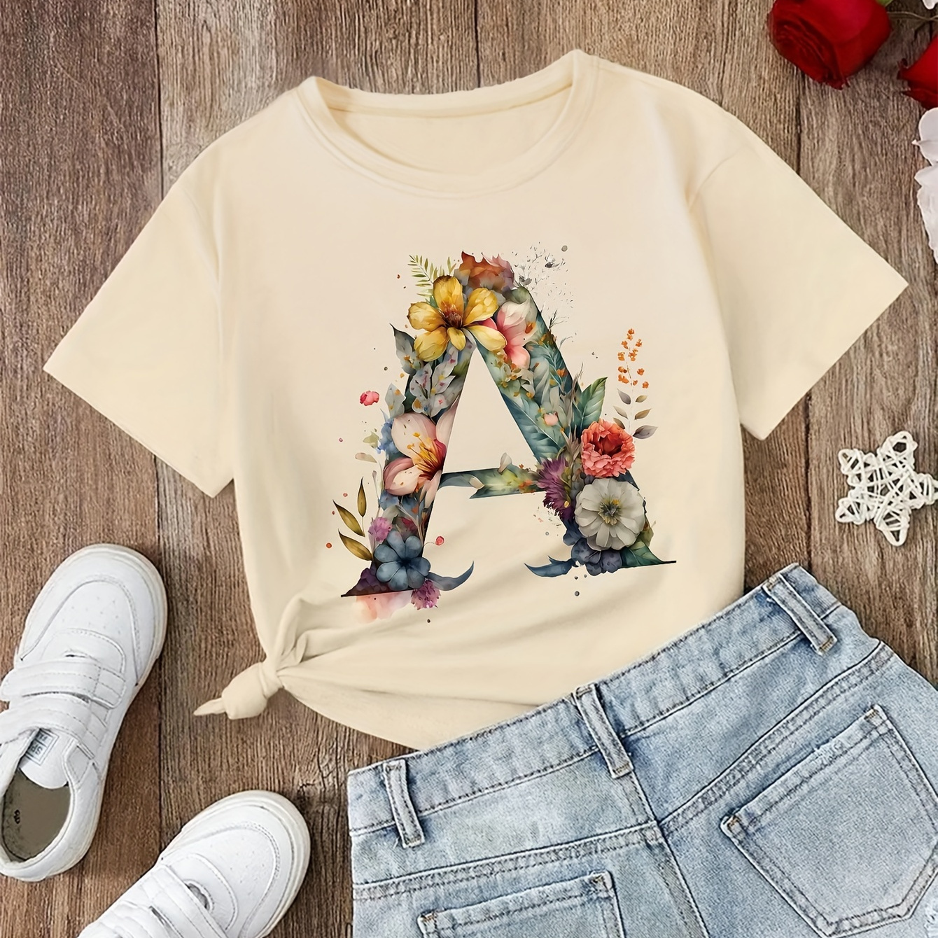 

Girls' Short-sleeve Causal T-shirt With Letter-a Graphic Print, Slight Stretch Knitted Crew Neck Short Sleeve Tee, Suitable For Daily Wear In Summer