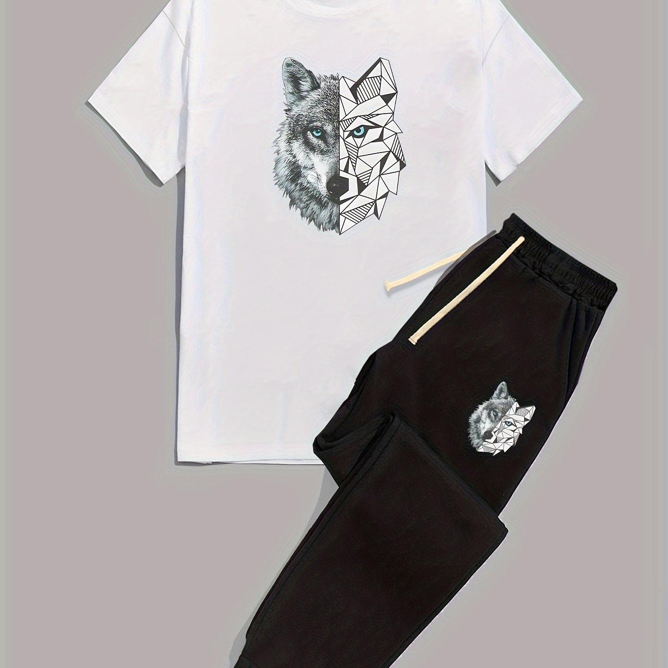 

Wolf, Men's 2 Pieces Outfits, Short Sleeve T-shirt And Drawstring Trousers Set