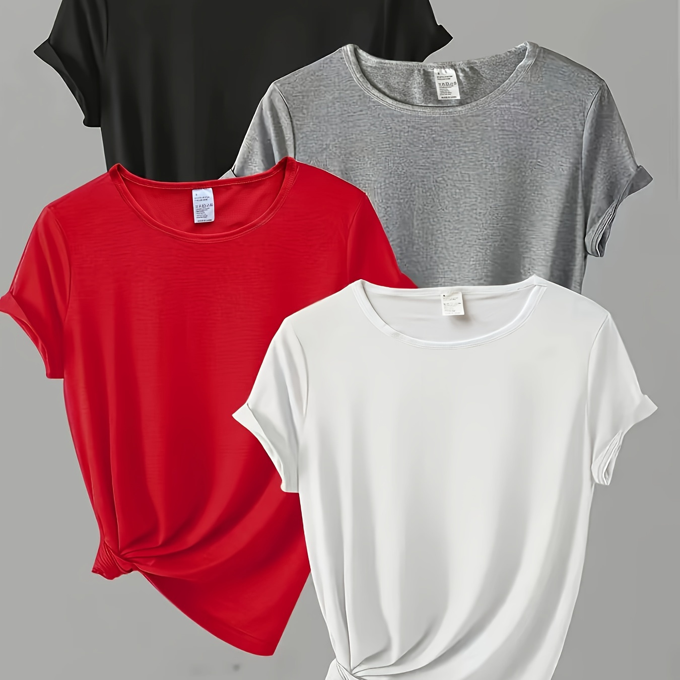 

T-shirt uni simple, lot de 4, haut polyvalent à manches courtes et col rond pour et l'été, vêtements pour femmes.