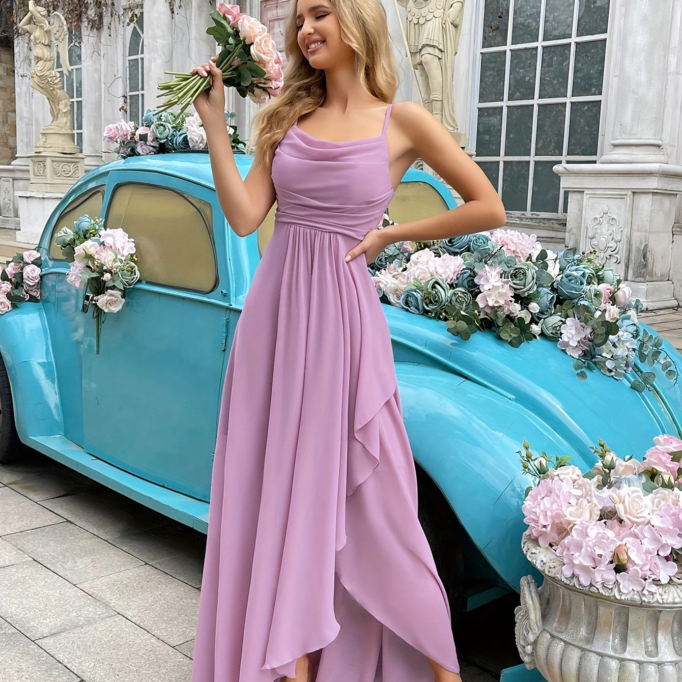 Chic And * Solid Color Halter Bridesmaid Gown with an Asymmetrical Hem Chic And * Solid Color Halter Bridesmaid Gown with an Asymmetrical Hem