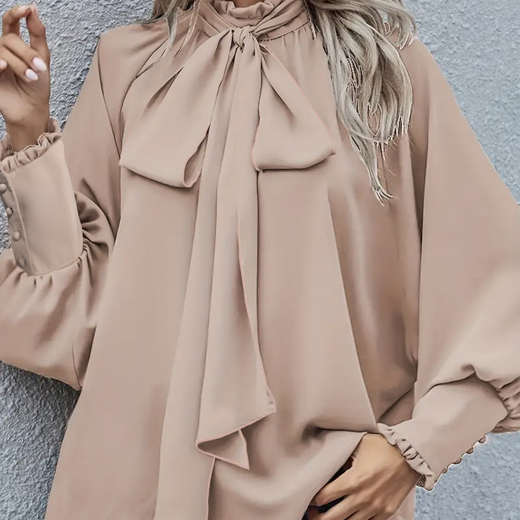 

Plus Size Solid Color Tie Neck Blouse, Elegant Button Design Long Sleeve Top For Spring & Fall, Women's Plus Size clothing