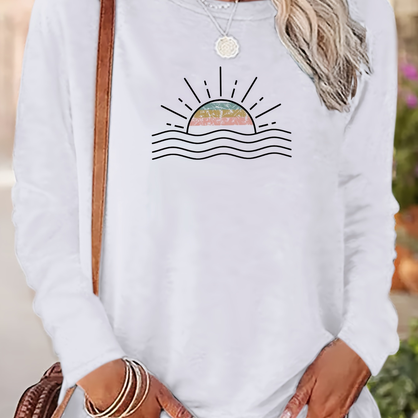 

Graphic Print T-shirt, Long Sleeve Crew Neck Casual Top For Spring & Fall, Women's Clothing