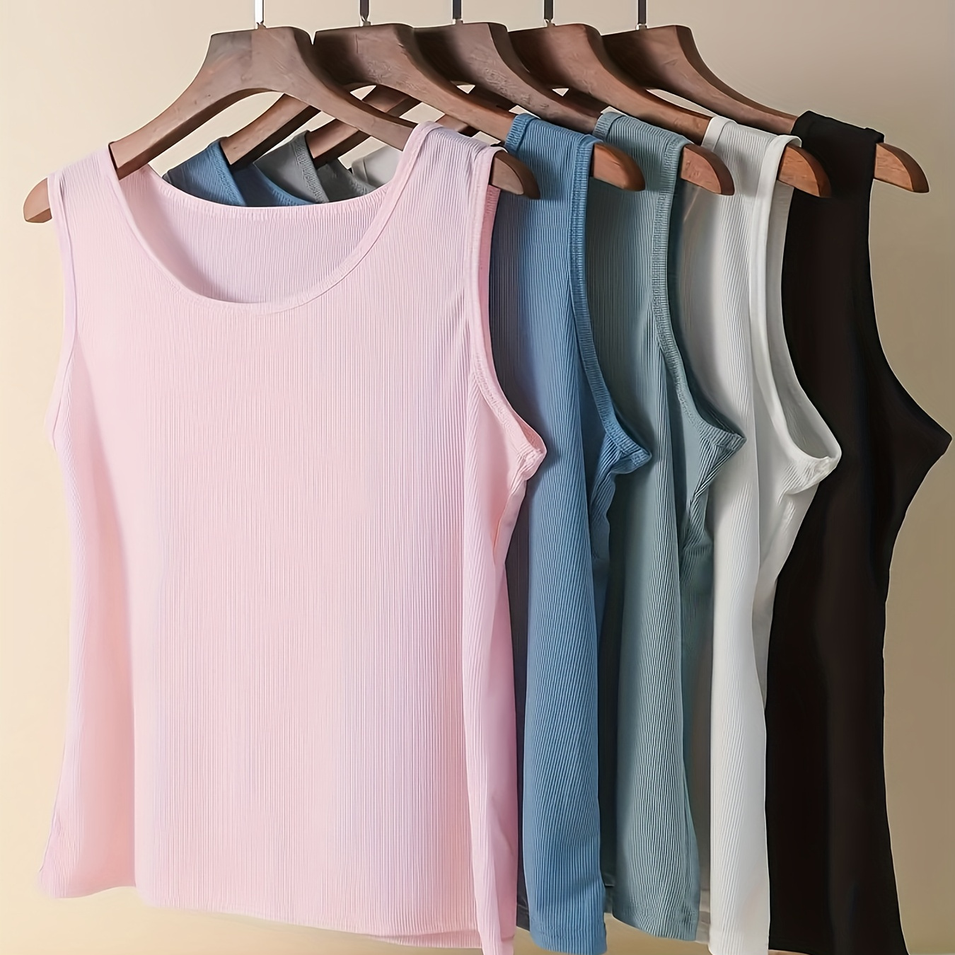 

5pcs Women's Plus Casual Lounge Top, Plus Size Solid Ribbed Round Neck Slim Fit Basic Home Wear Vest