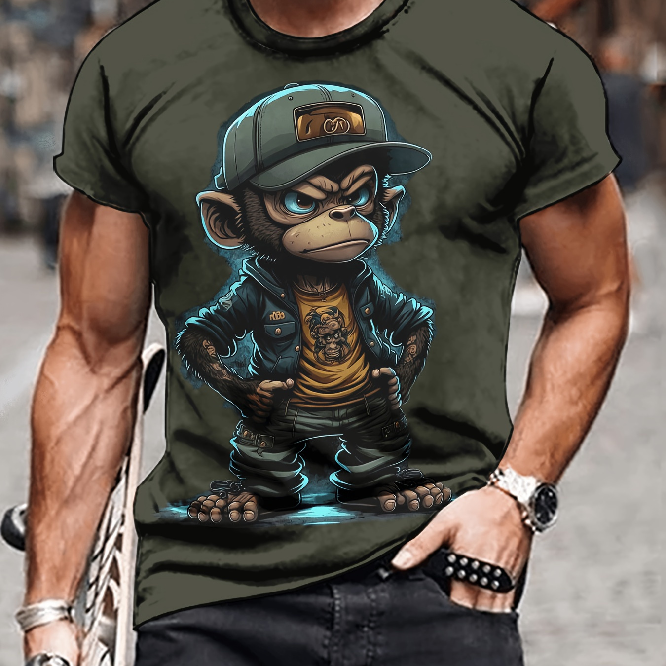 

Men's Monkey Print T-shirt, Casual Short Sleeve Crew Neck Tee, Men's Clothing For Outdoor
