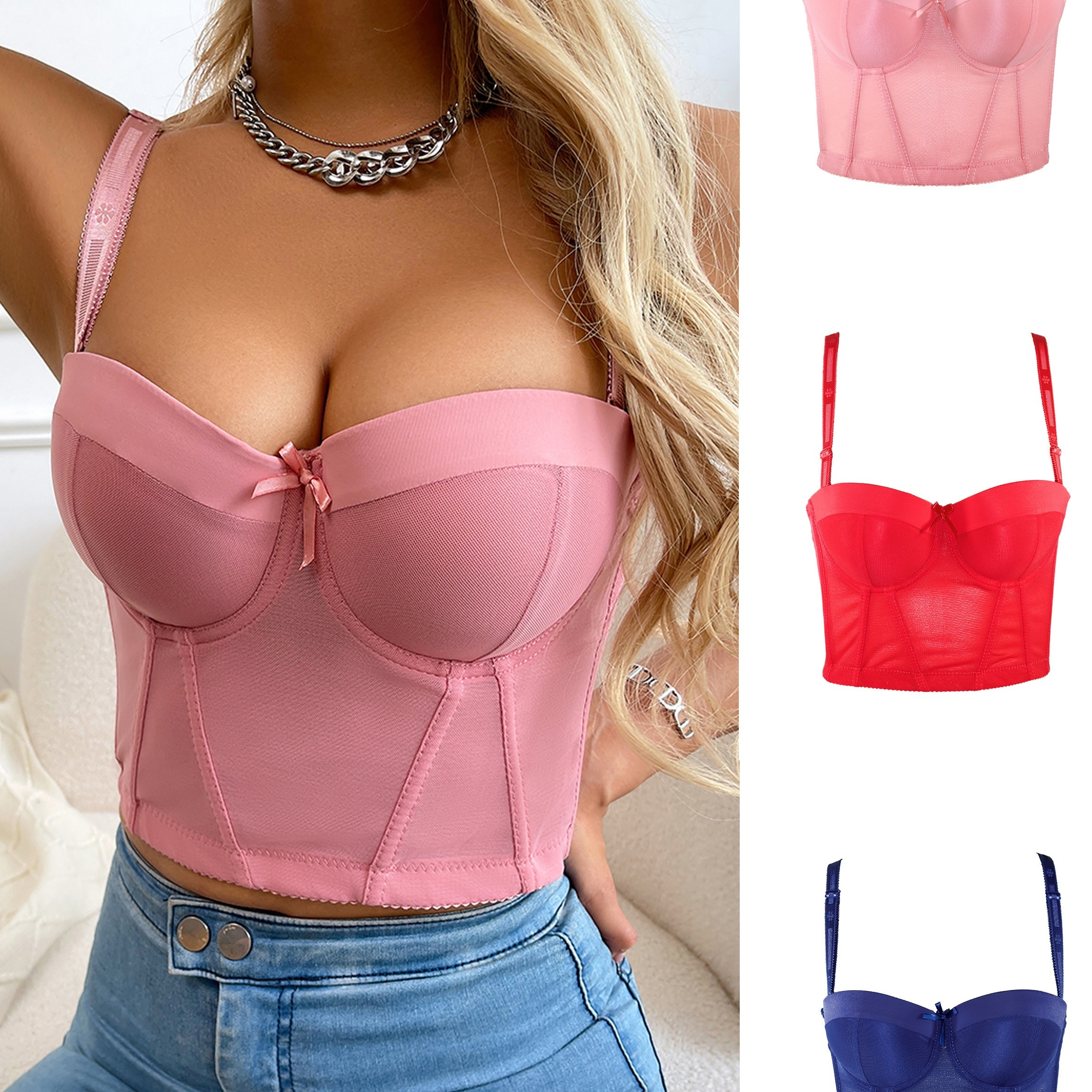 TQWQT Women Deep Cup Bra Corset Top Bustier Padded Underwire Bra Add One  Cup,Pink M 