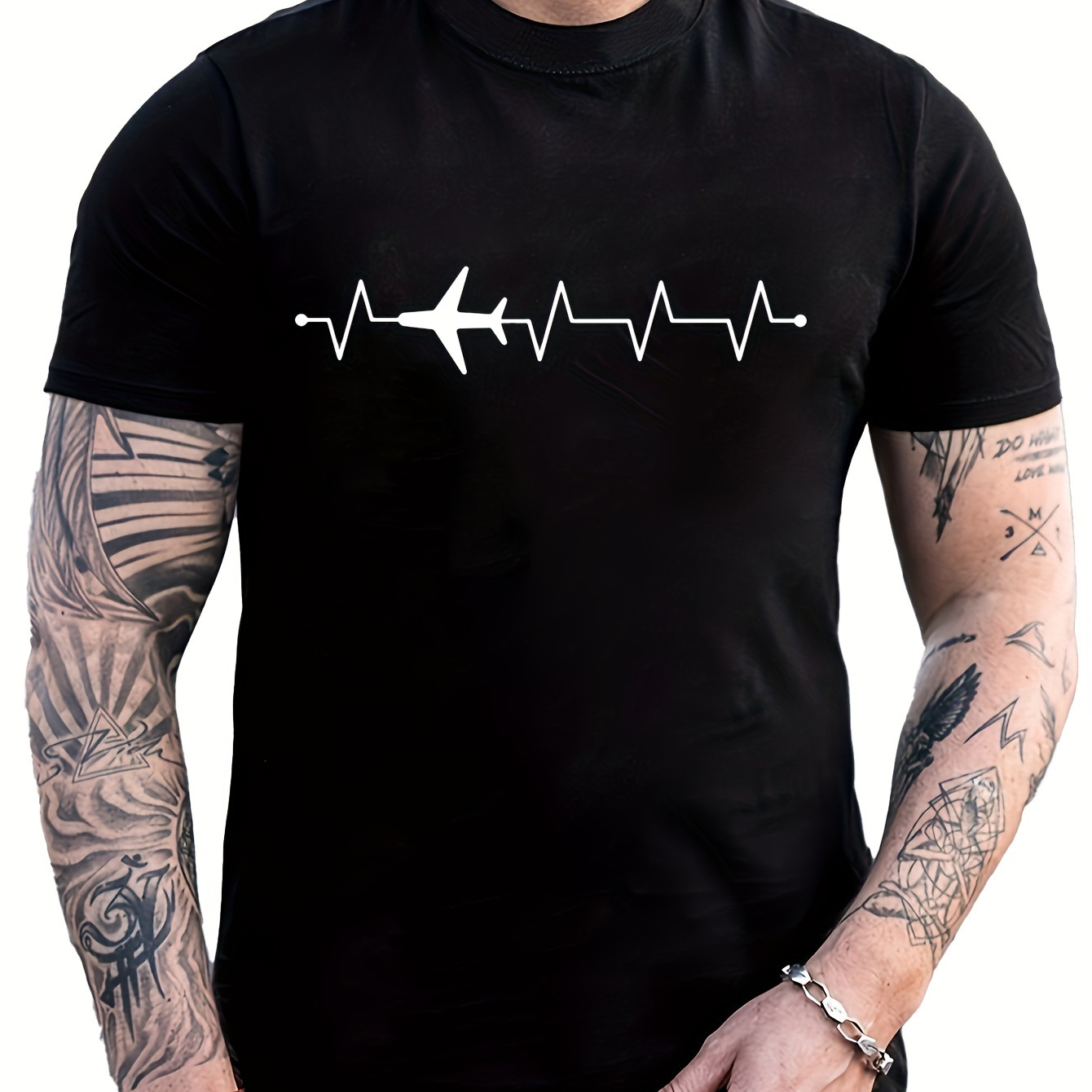 

3d Heartbeat And Airplane Men's Block Short Sleeve Crew Neck T-shirt, Summer Outdoor