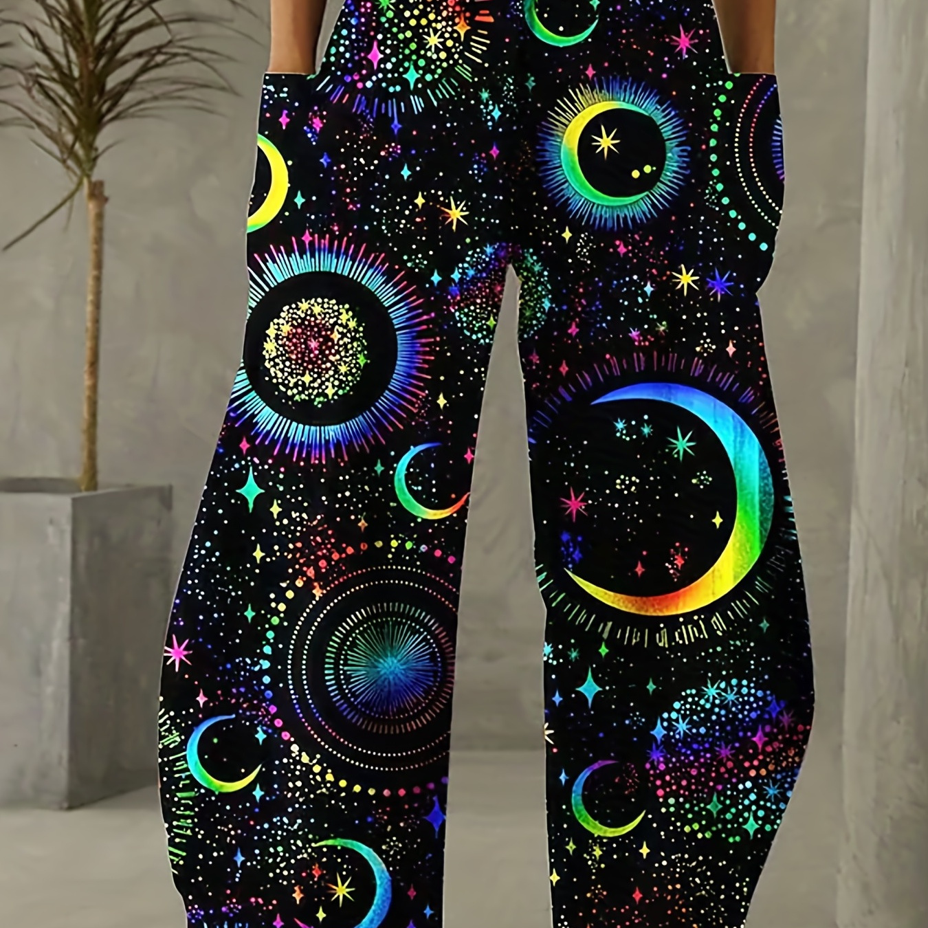 

Starry Sky Print Patched Pocket Pants, Casual Wide Leg Pants For Spring & Summer, Women's Clothing