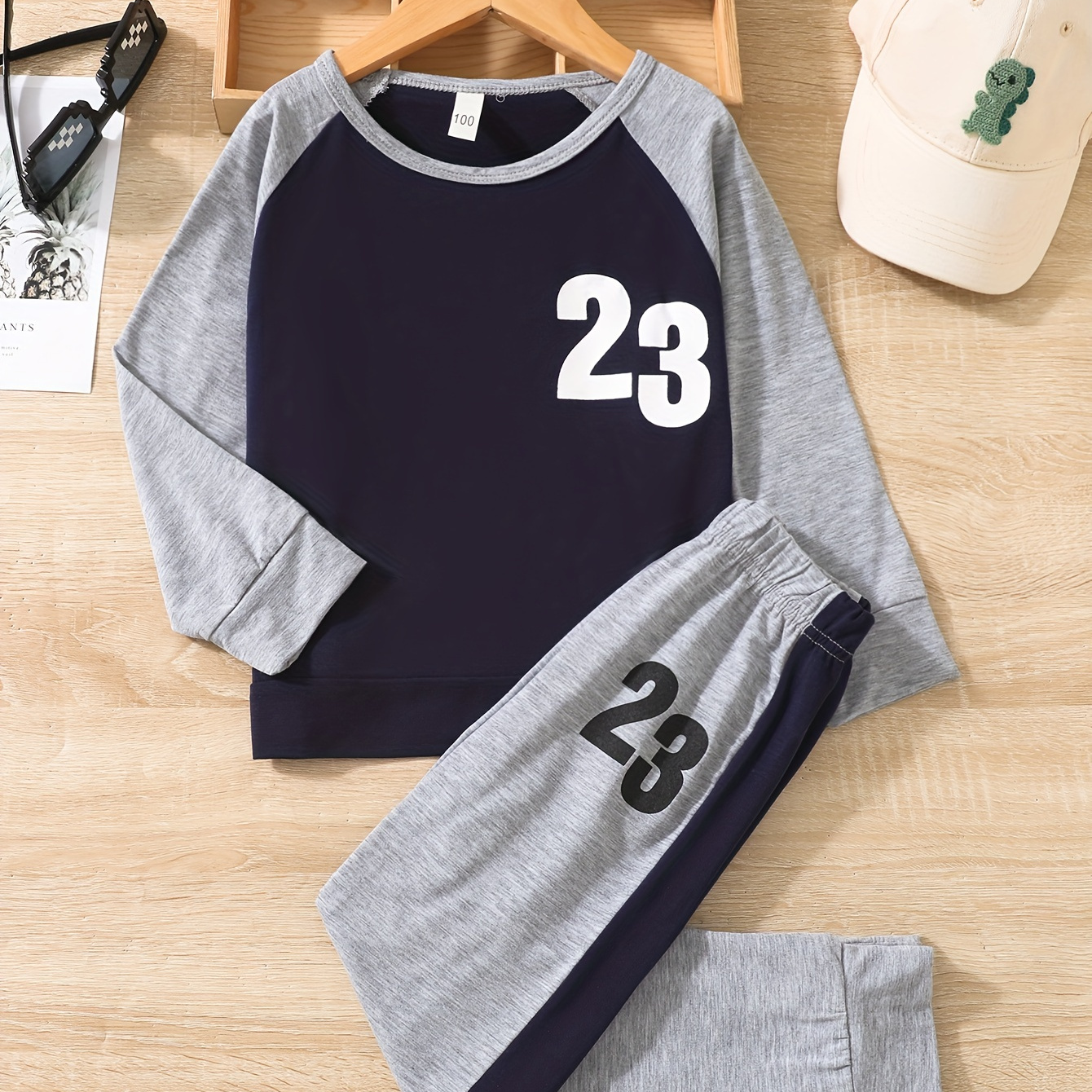 Boys Round Neck Casual Number 23 Character Print Contrast Sleeve Top & Pants Set