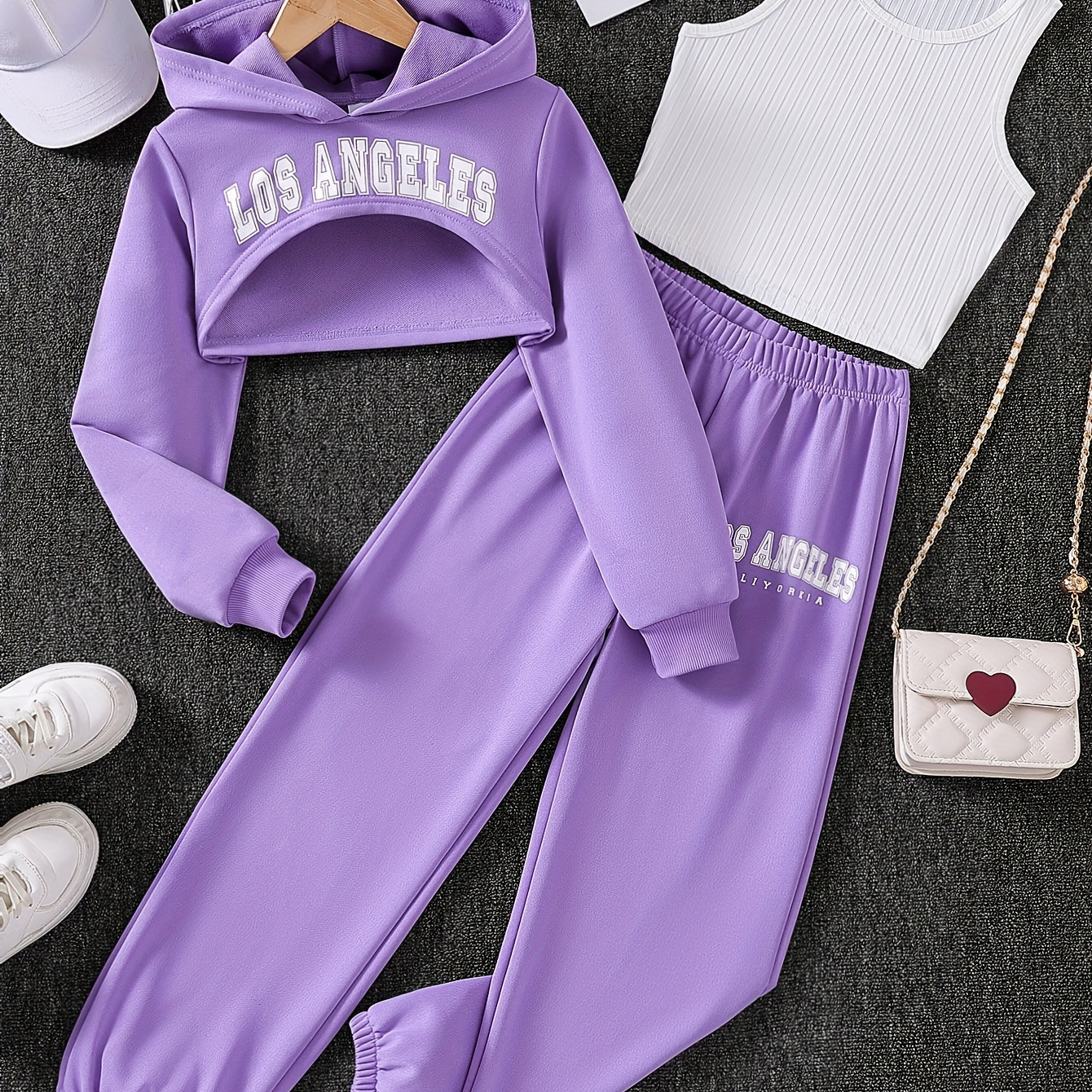 

Ensemble 3 pièces pour filles « Los Angeles » - Sweat à capuche à lettres + débardeur basique uni + pantalon décontracté pour le sport et les activités de plein air