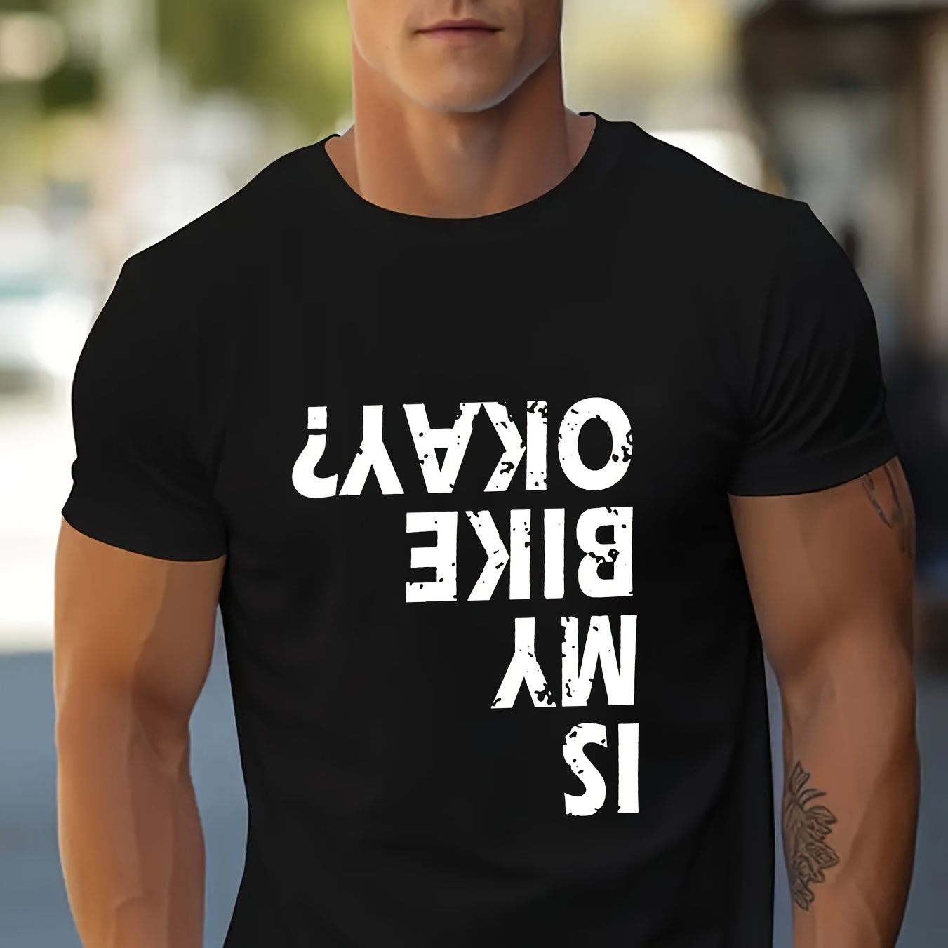 

is My Bike Ok" Letters Print Crew Neck Active T-shirt For Men, 100% Cotton Casual Comfy T-shirts For Summer, Men's Clothing Tops For Daily Gym Workout Running