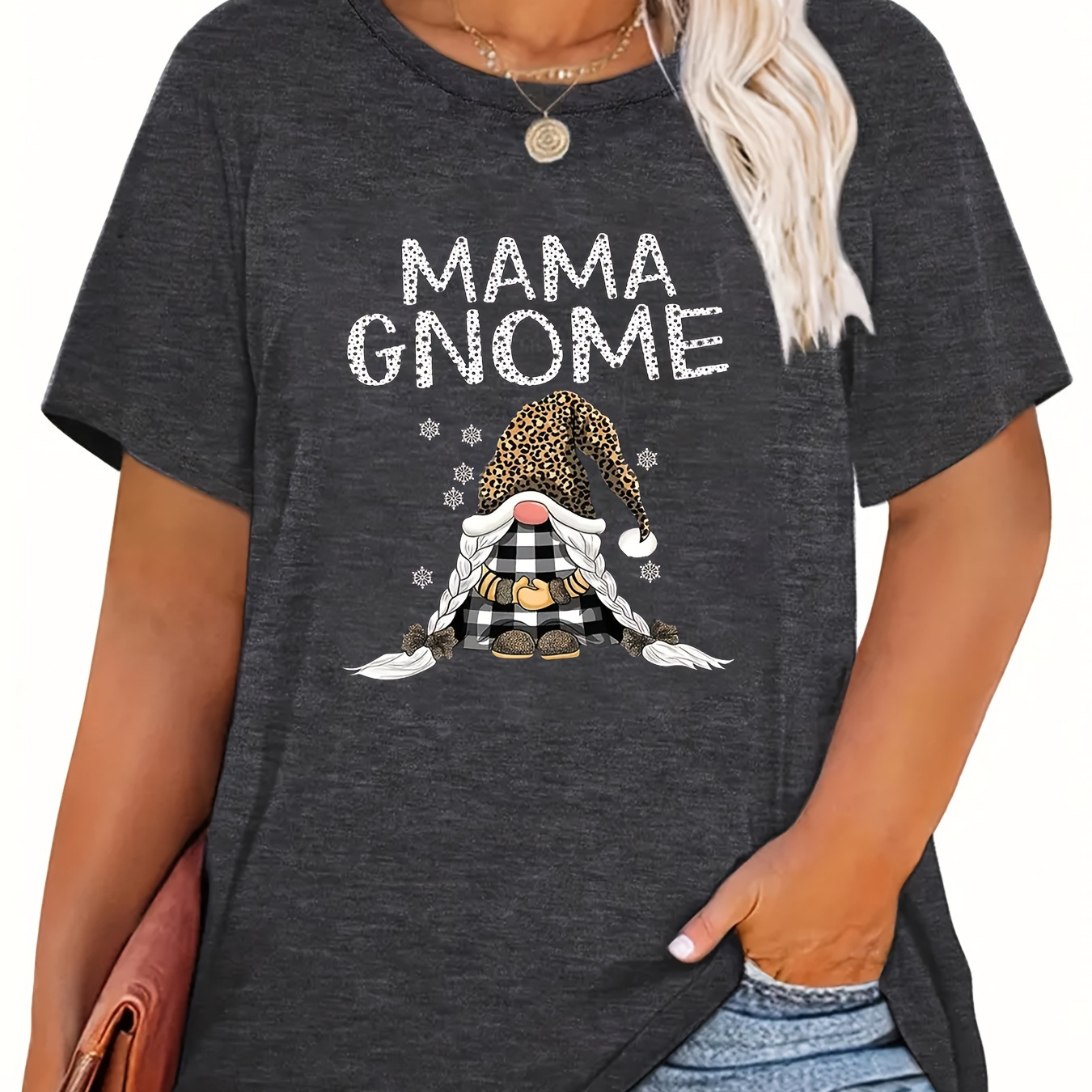 

Plus Size Gnome Print T-shirt, Casual Crew Neck Short Sleeve Top For Spring & Summer, Women's Plus Size Clothing