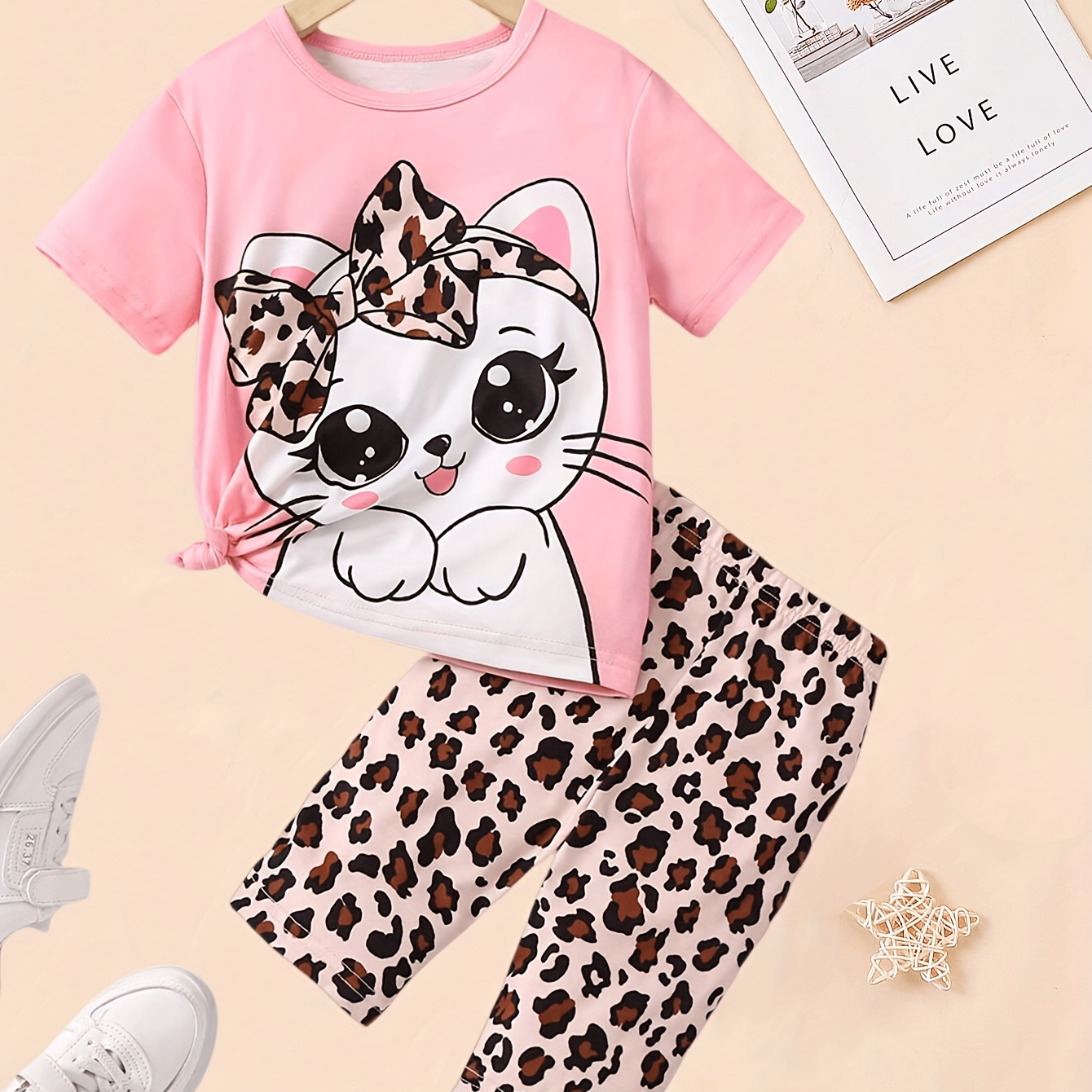 TEMU Girl's 2pcs Outfit Bowknot Kitty T-shirt Top + Leopard Bermuda Shorts Holiday Casual Set Summer Clothes Gift