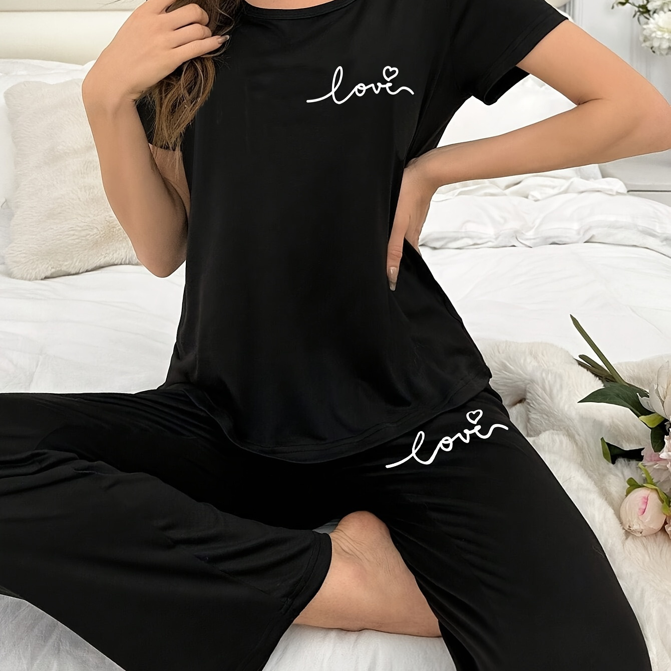 

Women's Casual Letter Print Pajama Set, Short Sleeve Round Neck Top & Pants, Comfortable Relaxed Fit