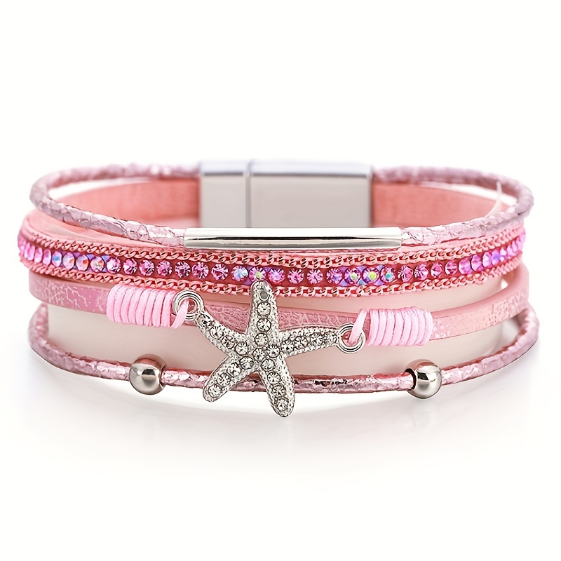 

Multi-layer Starfish Wrap Bracelet Pu Leather Inlaid Shiny Rhinestones Women's Summer Beach Clothings Decor Sweet Hand Jewelry