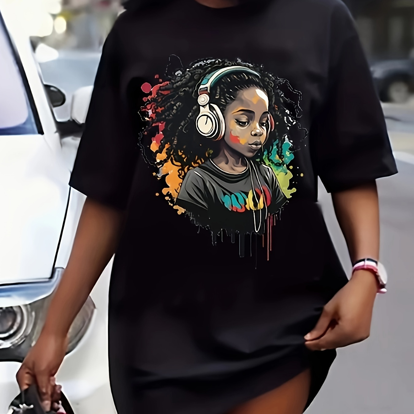 

Figure Graphic Print Tee Dress, Short Sleeve Crew Neck Casual Dress For Summer & Spring, Women's Clothing