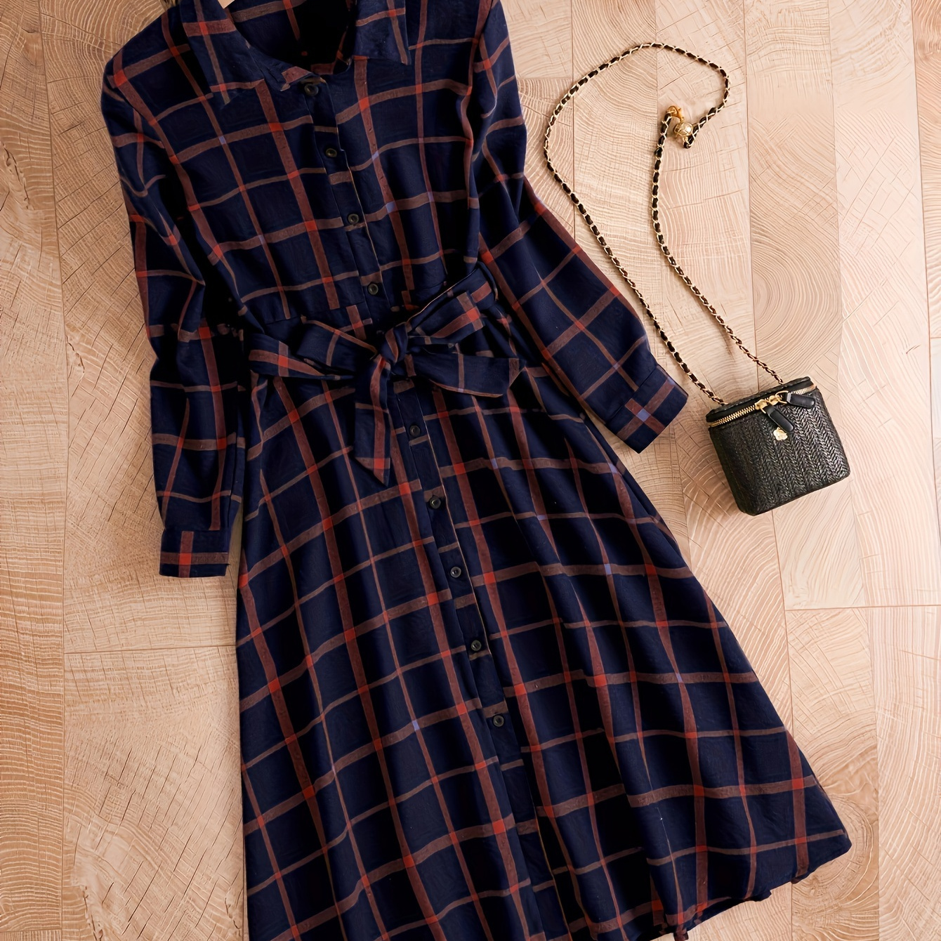 

Plaid Pattern Single Breasted Shirt Dress, Elegant Long Sleeve Belted Dress For Spring & Fall, Women's Clothing