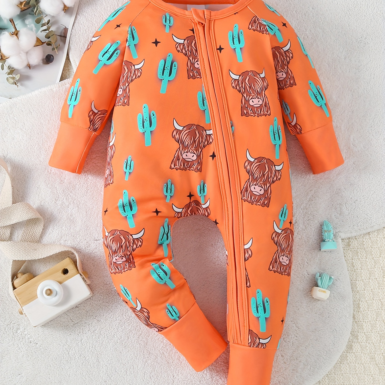 

Infant's Cartoon Bull & Cactus Print Bodysuit, Comfy Long Sleeve Onesie, Baby Boy's Clothing, As Gift
