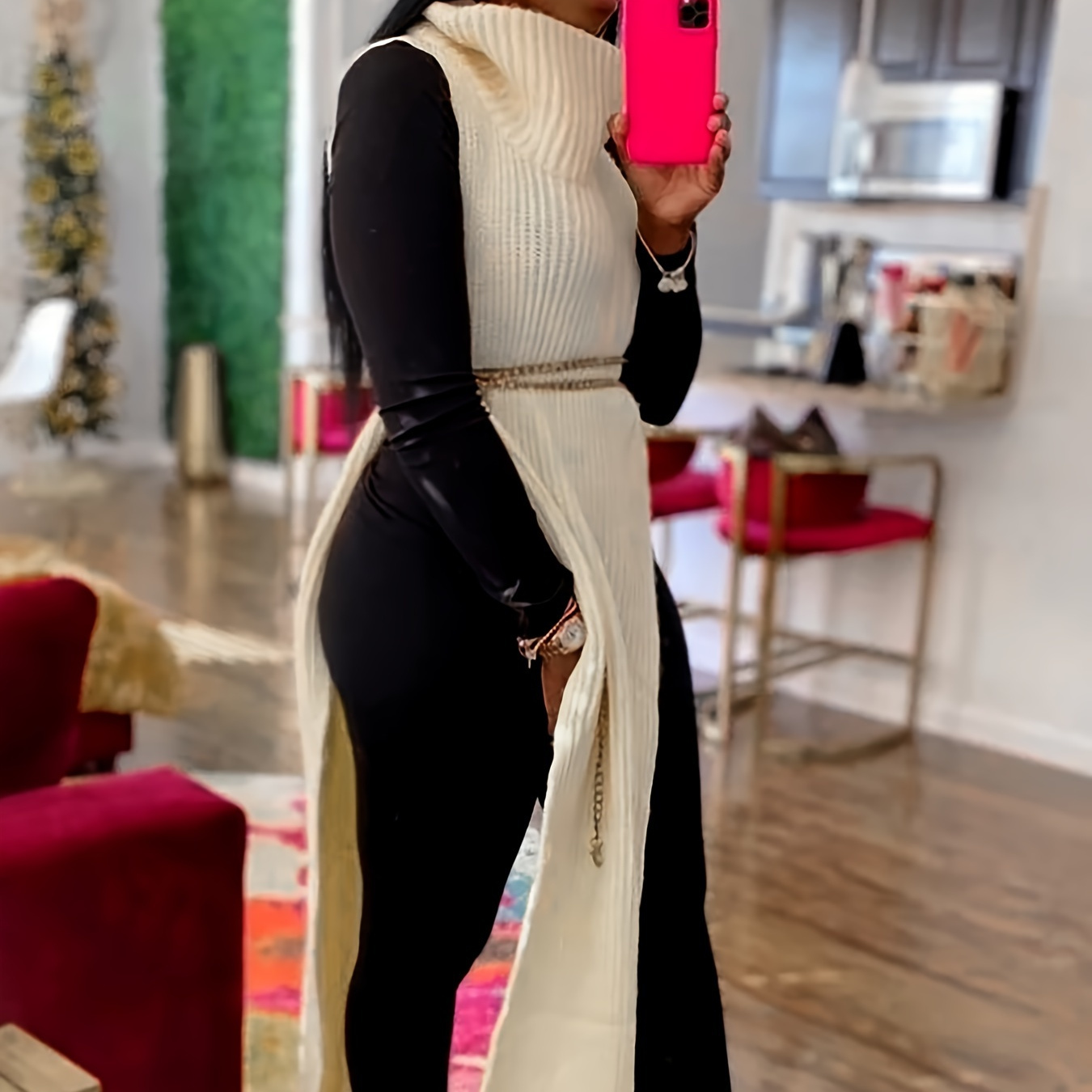 

Solid Color Vest, Chic Split Side Sleeveless Maxi Vest For Spring & Fall, Women's Clothing