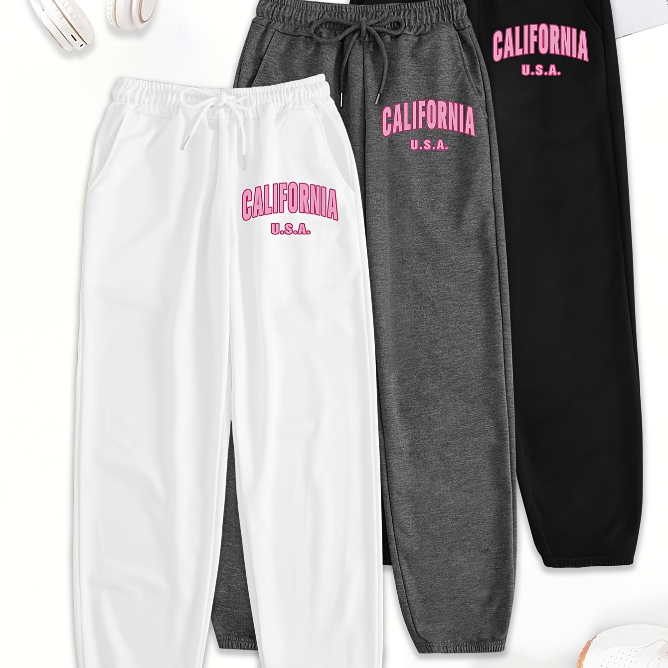 

California Letter Print Polyester Track Pants - 3 Pack Women's Loose Sweatpants With Pockets, Casual Knit Fabric Joggers