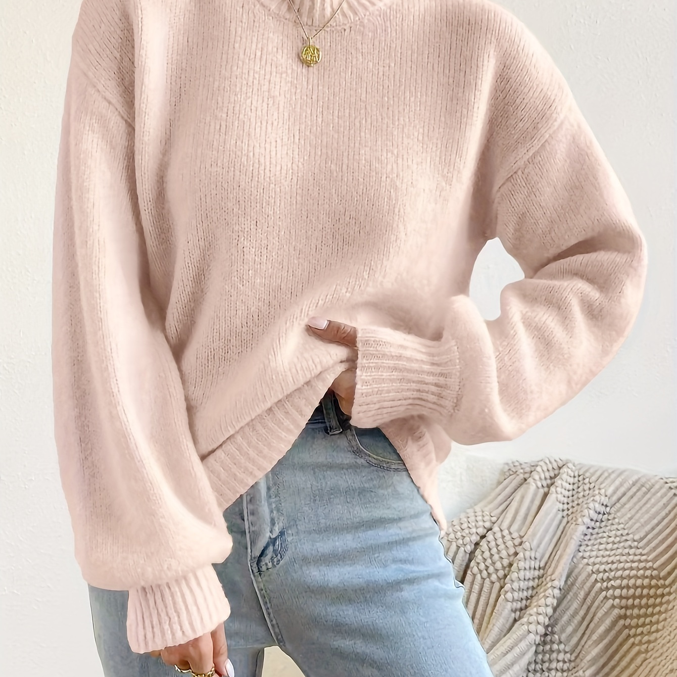 

Cozy Lantern Sleeve Drop Shoulder Knit Sweater - Casual Solid Color, Polyester, Hand Wash/, Round Neck For Women