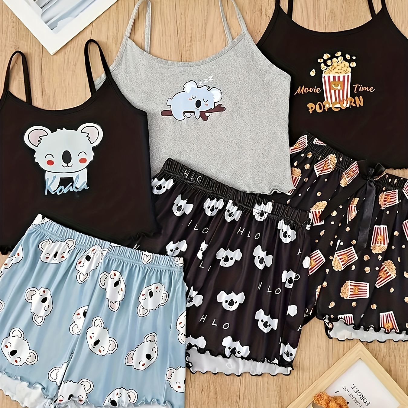 

Women's Cute Koala & Popcorn 3pcs Pajama Set - Comfy Polyester , Waistband Shorts With Lettuce Hem & Cami Tops, Machine Washable