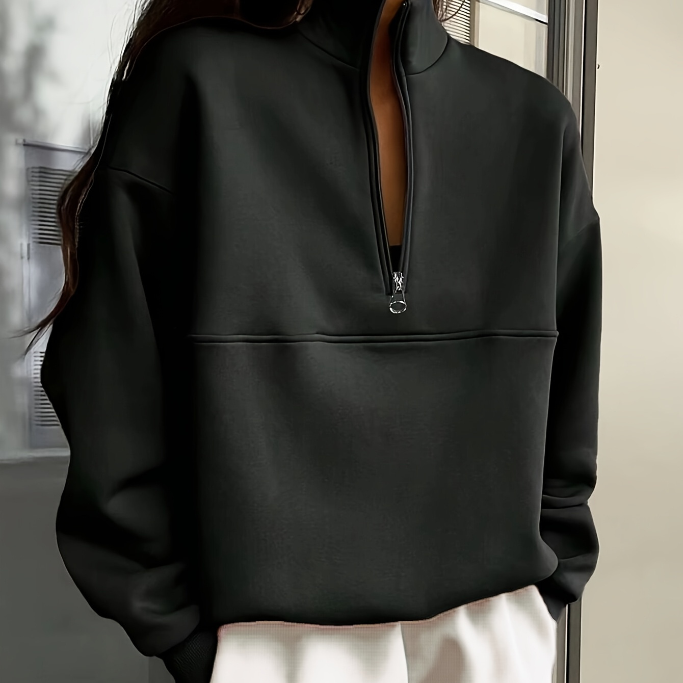 

Women's Casual Half-zip Sweatshirt - Solid Color, Long Sleeve, Mock Neck Pullover For Fall/winter