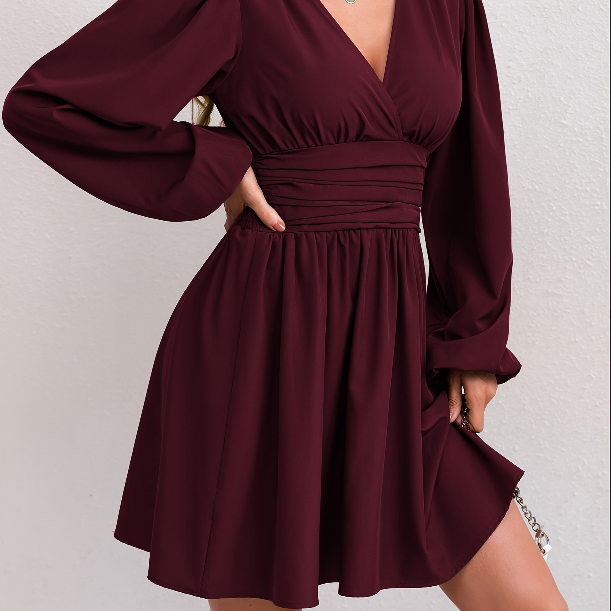 

Elegant Long Sleeve V-neck Dress For Women - 100% Polyester Solid Color Shirred A-line Skirt - Woven Adult