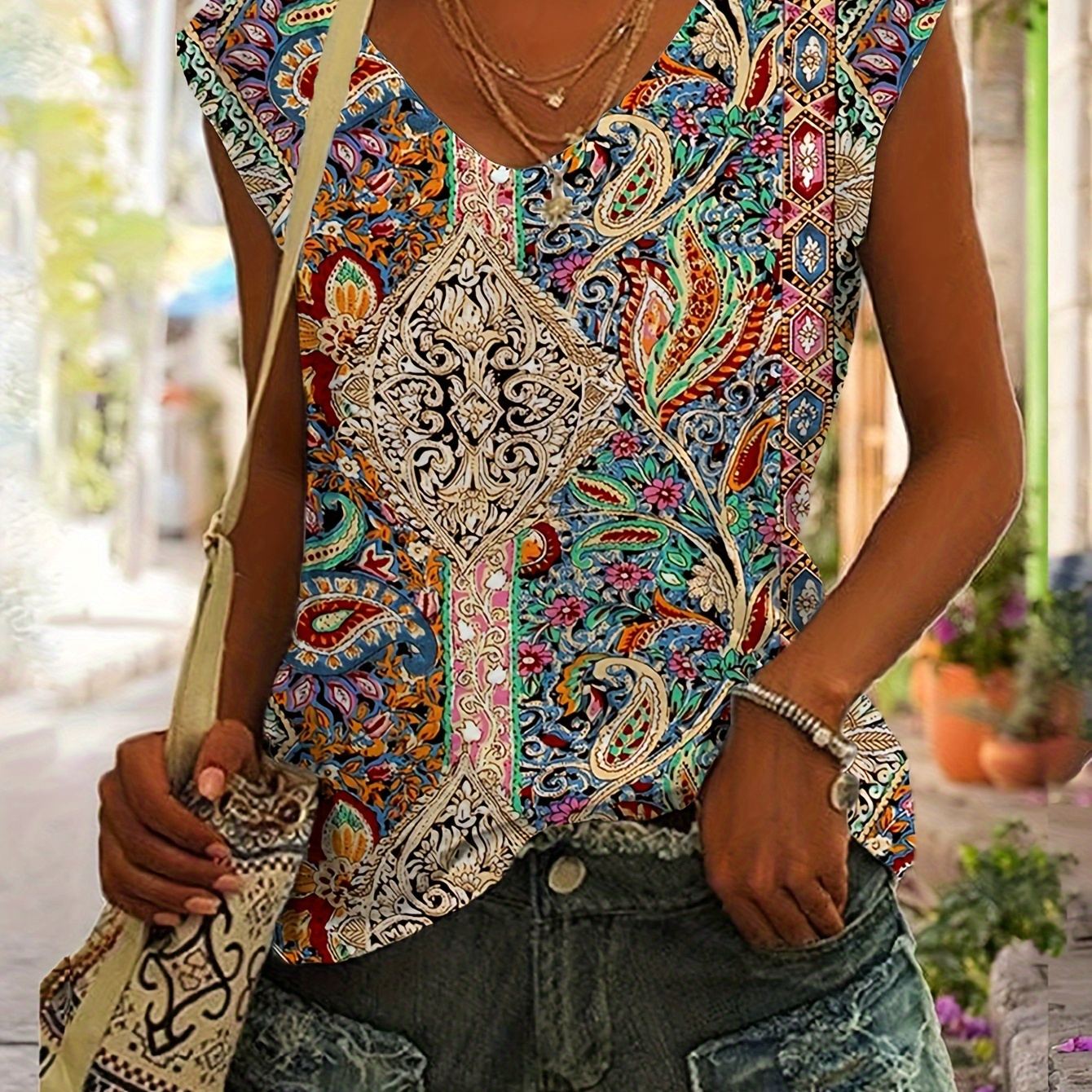 

Paisley Print V-neck Tank Top, Vacation Style Sleeveless Top For Spring & Summer, Women's Clothing