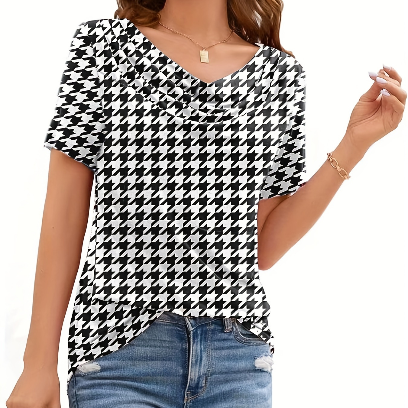 

Houndstooth Print Cowl Neck T-shirt, Casual Short Sleeve Top For Spring & Summer, Women's Clothing