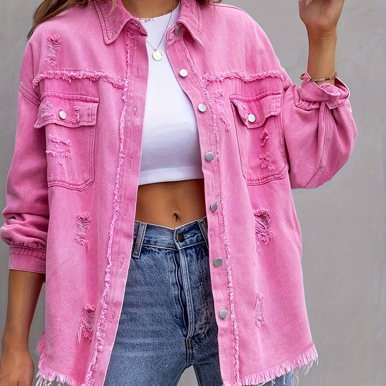 Plain Ripped Holes Lapel Denim Jackets, Distressed Raw Hem Long Sleeves Casual Denim Coats, Women's Denim  Clothing