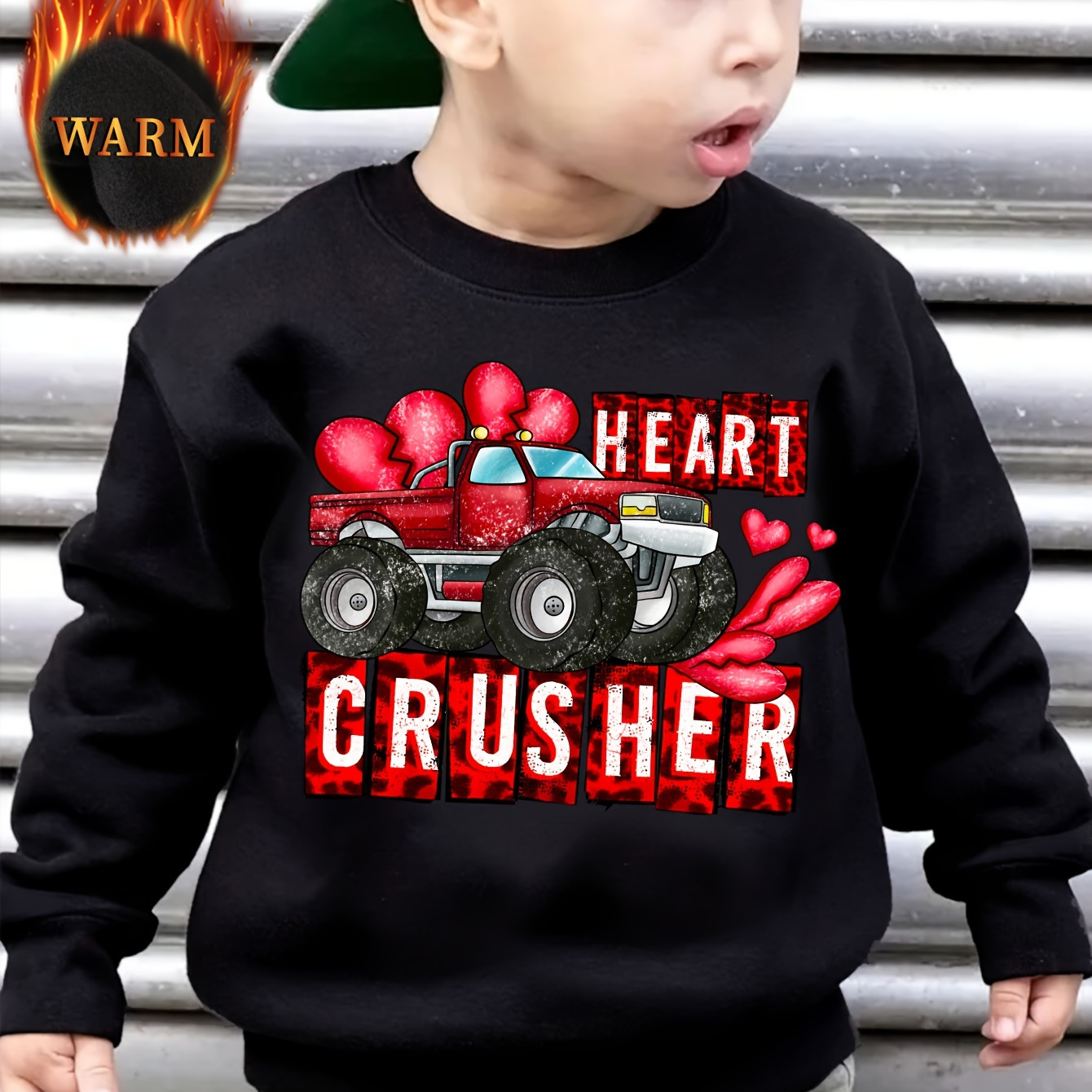 

Valentine's Day Cartoon Truck And Heart Crusher Letter Graphic Print Boys Warm Fleece Sweatshirt: Thick And Cozy Top For Spring Fall Winter Season