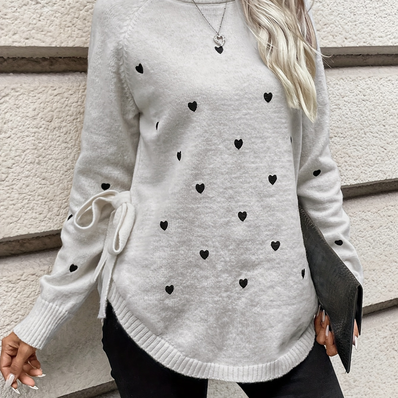 

Heart Pattern Crew Neck Sweater, Elegant Tie Side Raglan Sleeve Sweater For Fall & Winter, Women's Clothing