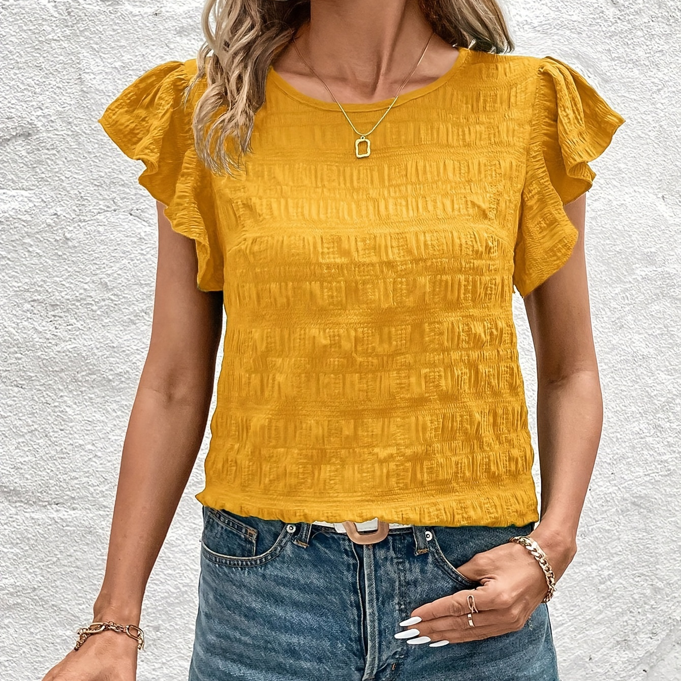 

Textured Solid Color Crew Neck Blouse, Elegant Ruffle Sleeve Top For Spring & Summer, Women's Clothing