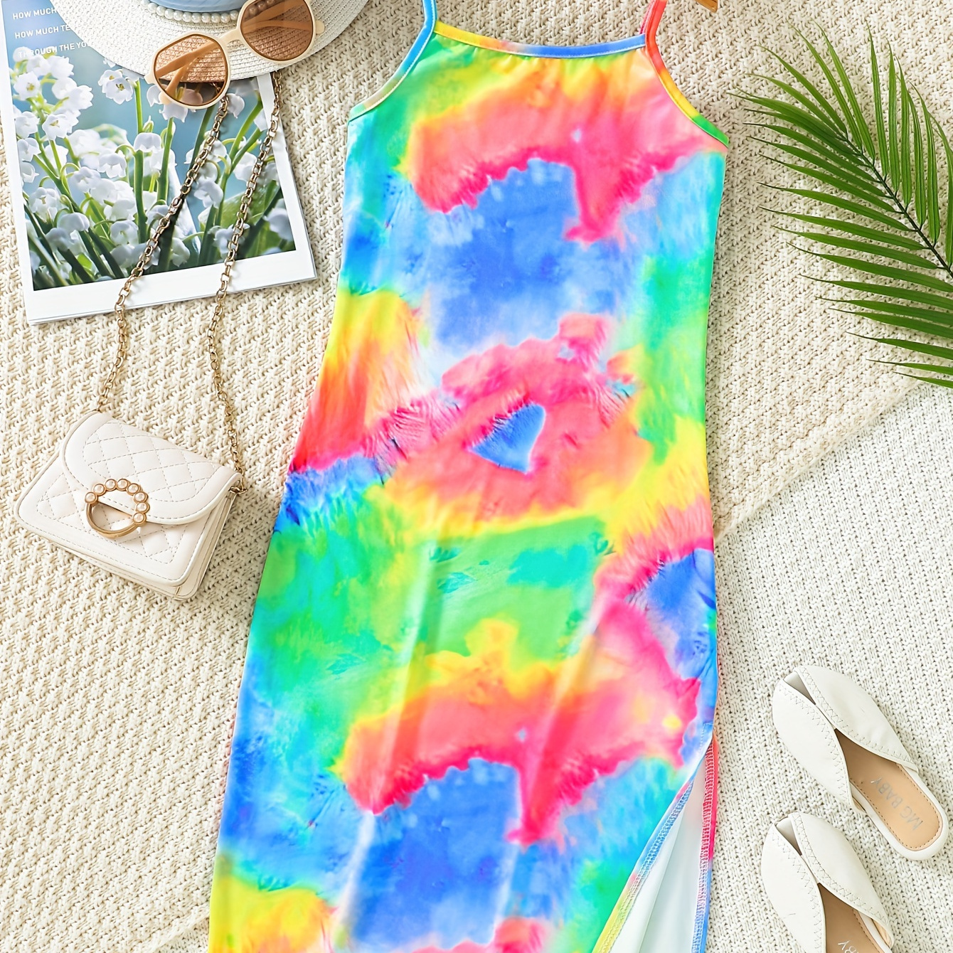 

Split Side Creative Tie Dye Pattern Print Cami Dress Casual Dresses For Girls Summer Beach Vacation Holiday Gift