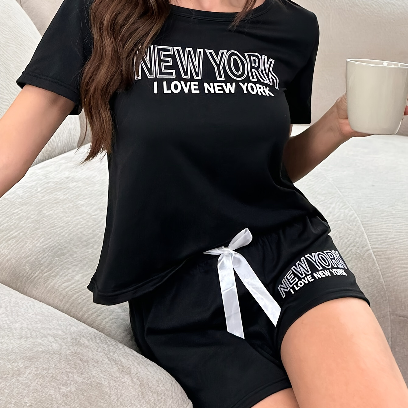 

Women's Letter Print Casual Pajama Set, Short Sleeve Round Neck Top & Bow Shorts, Comfortable Relaxed Fit