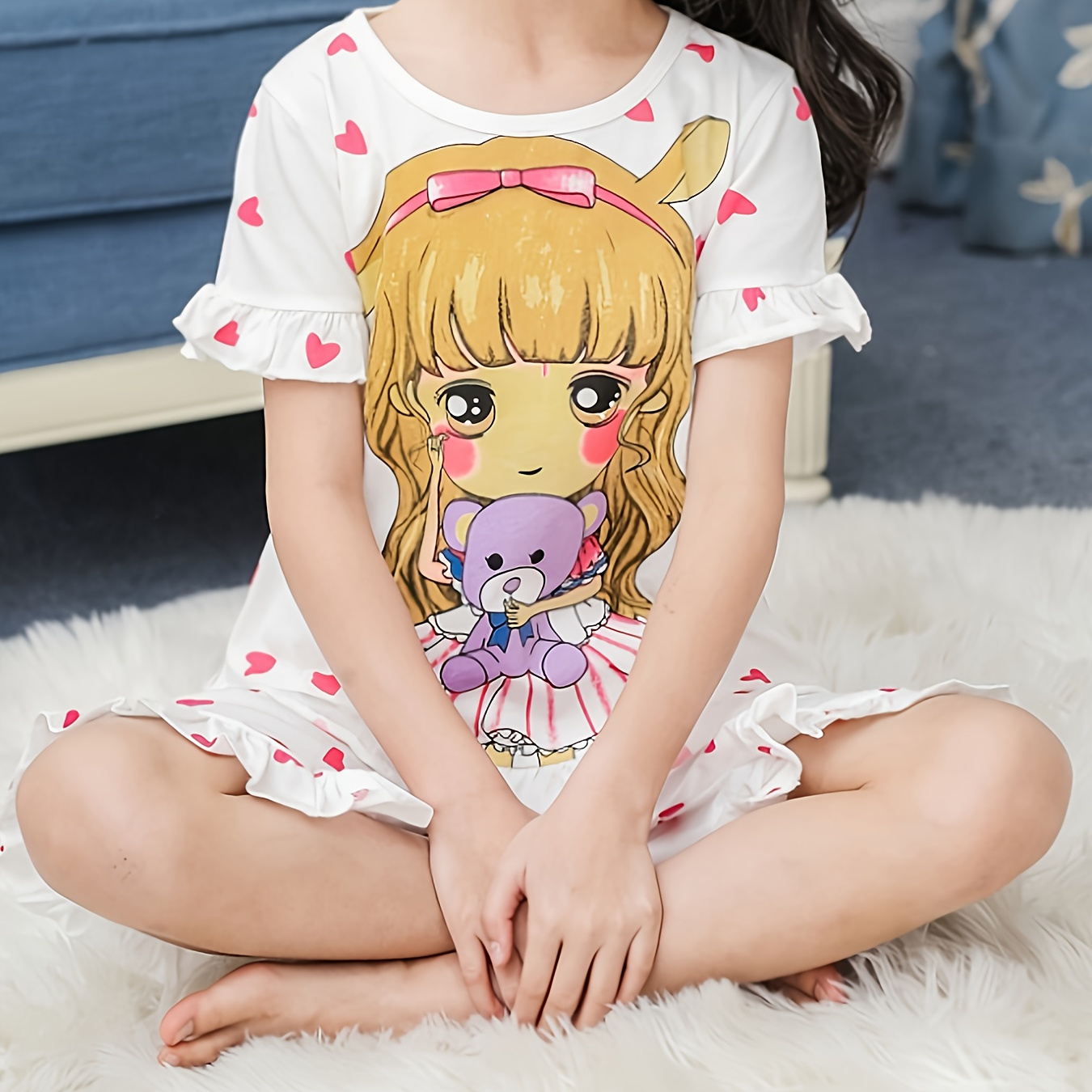 

2 Pcs Girls Cotton Pajama Sets, Cartoon Girl Heart Print Ruffle Short Sleeve T-shirts & Shorts, Comfortable & Cute Style Princess Pajamas For Girls Cozy Loungewear