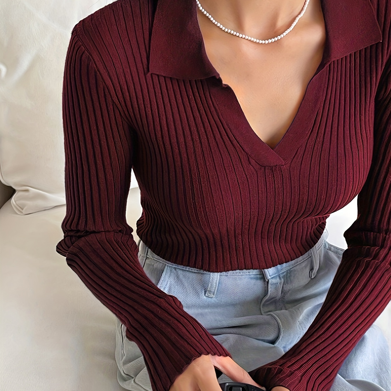 

Plain Color V-neck Collared Knitted Sweater, Casual Long Sleeve Slim Fit Pullover Sweater For Fall & Winter, Women's Clothing