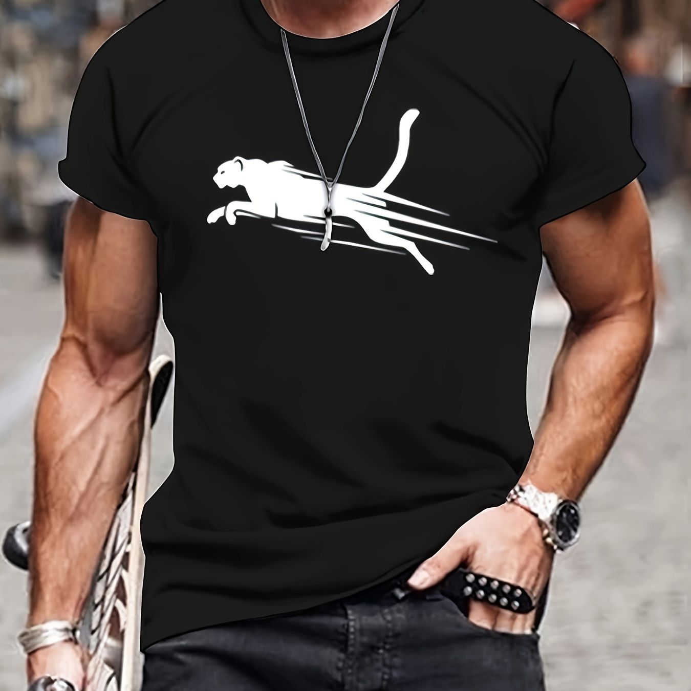 

T-shirt à col rond et manches courtes à motif léopard, haut décontracté et cool pour les sports d'été et les activités de plein air pour hommes