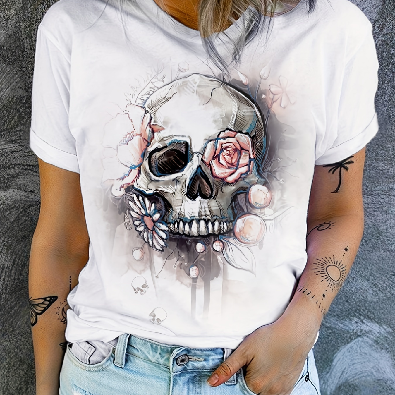 

Skull Print Crew Neck T-shirt, Casual Short Sleeve T-shirt For Spring & Summer, Women's Clothing