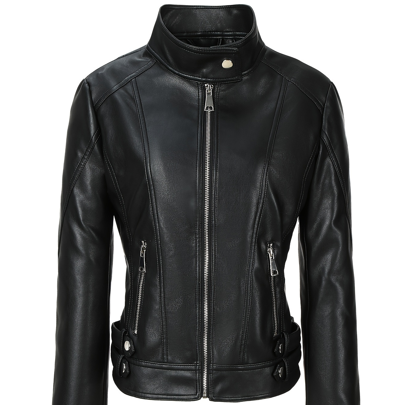 

1pc Women's Leather Biker Jacket, Sexy Stand Collar Zip-up Moto Coat, Fashion Slim Fit Outerwear, Long Sleeve Solid Color Polyester Lined, Non-stretch Woven For Spring/fall Casual Wear