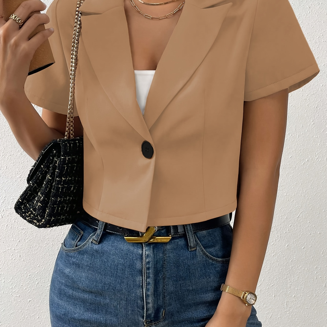 

Solid Color Button Crop Blazer, Chic & Stylish Short Sleeve Lapel Neck Blazer For Spring & Summer, Women's Clothing