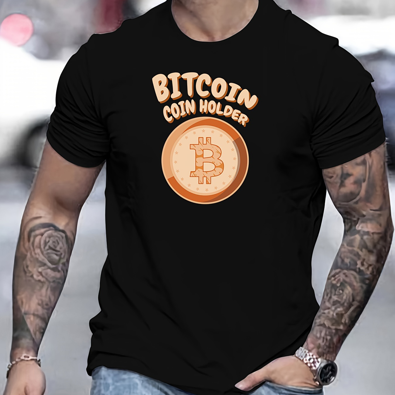 

Men's Bitcoin Pattern Short-sleeved T-shirt For Spring, Summer, And Autumn Casual Wear With A Round Neck