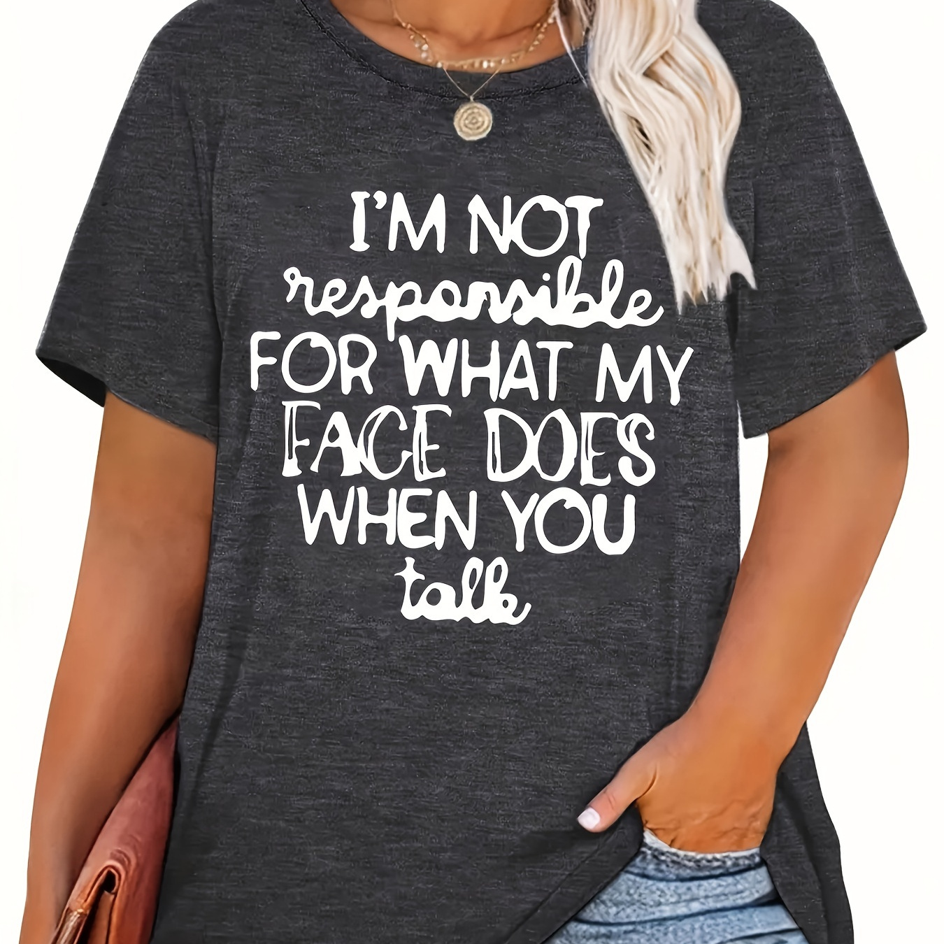 

Plus Size Funny Letter Print T-shirt, Short Sleeve Crew Neck Casual Top For Summer & Spring, Women's Plus Size Clothing