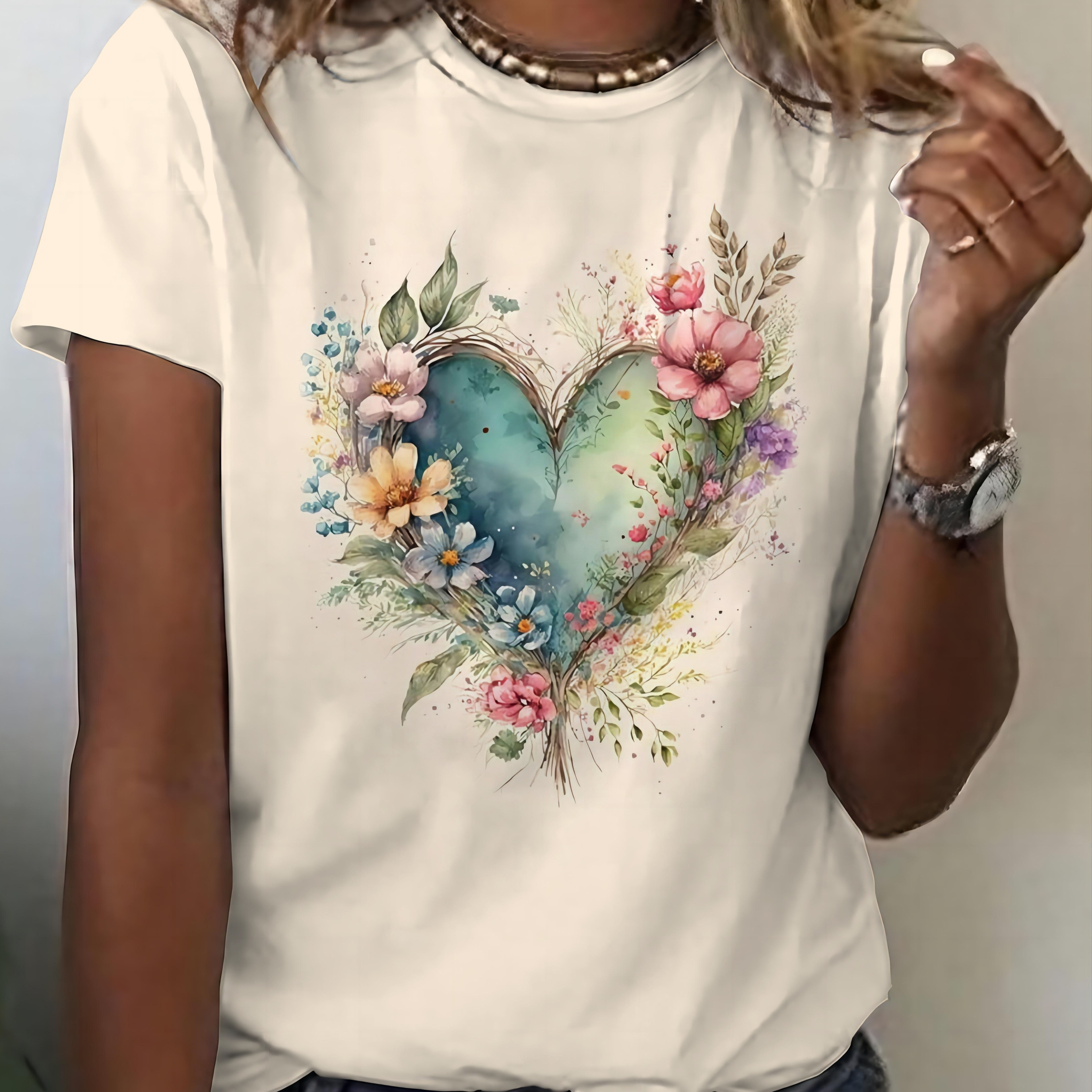 

Women's Floral Heart Graphic T-shirt, Crew Neck, Short Sleeve, Casual Fit, Fashion Top