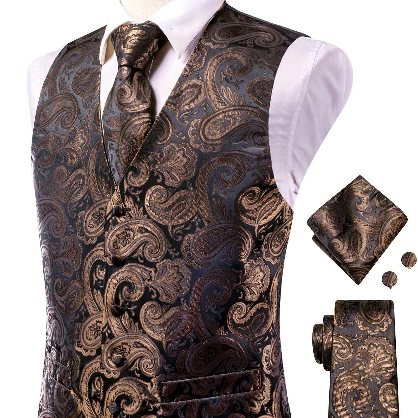

4pcs Elegant Paisley Dress Set, Men's Formal Suit Vest & Tie & Cufflinks & Hanky Accessories Set For Dinner Wedding Banquet Party