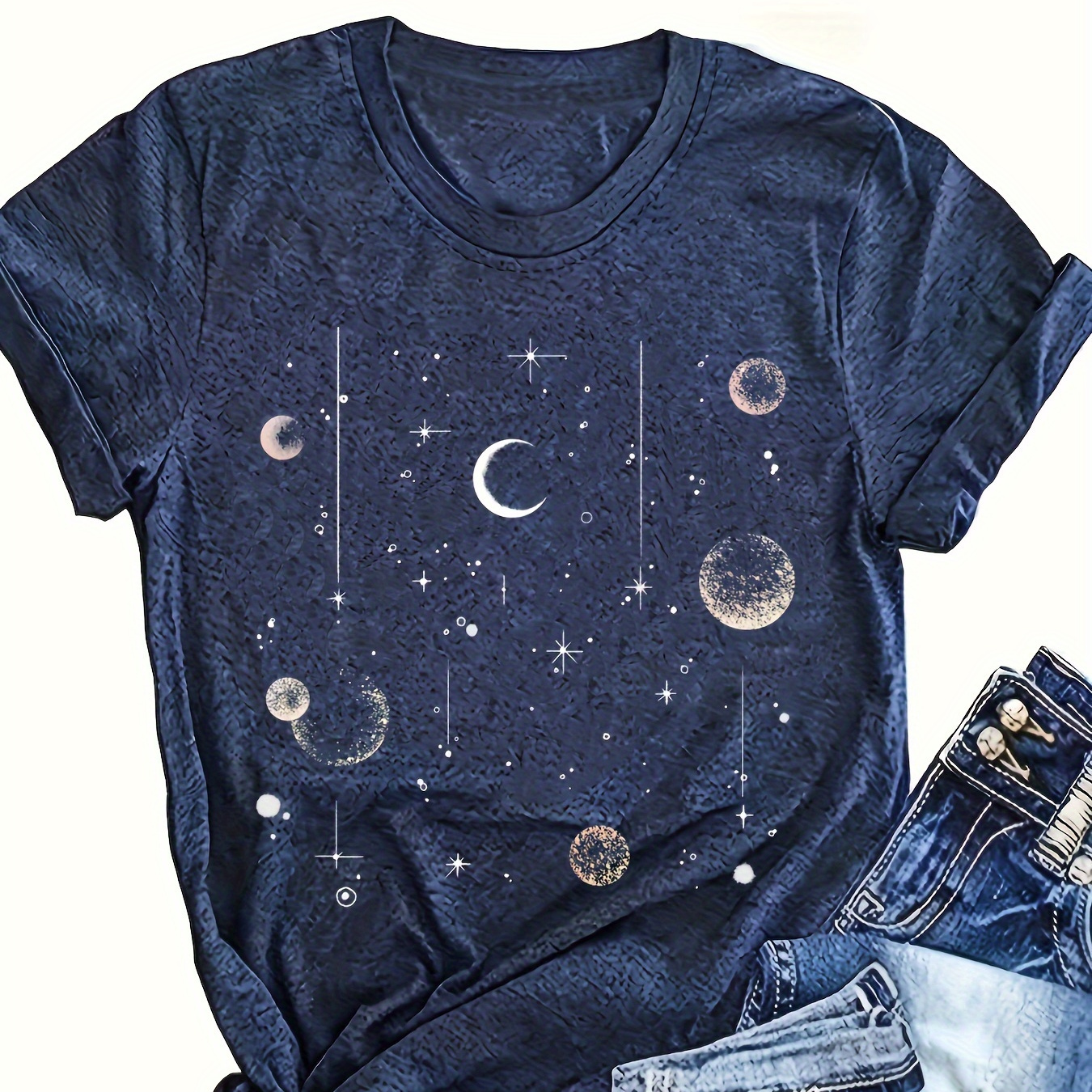 

Plus Size Moon Print T-shirt, Casual Short Sleeve Top For , Women's Plus Size Clothing