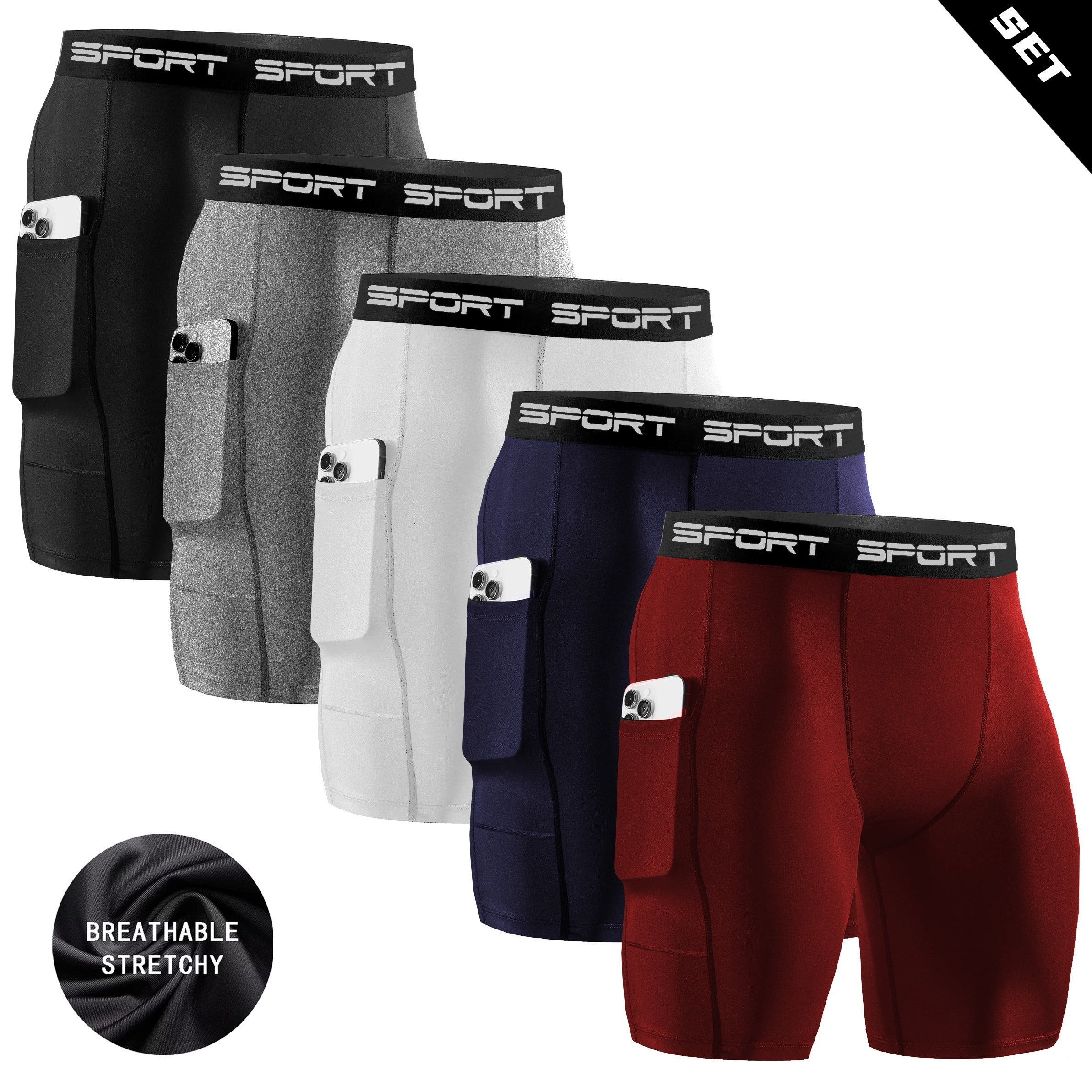 

5-pack Rukioo Men's Shorts, High , Quick-dry, Breathable, Seamless, With Side Pockets For Sports And Fitness